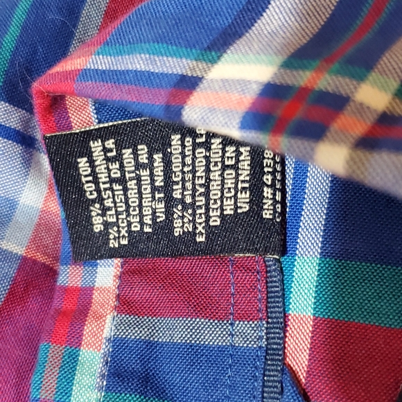 CHAPS M STRETCH OXFORD RED & BLUE PLAID LONGSLEVE BUTTON DOWN SHIRT - Picture 4 of 6